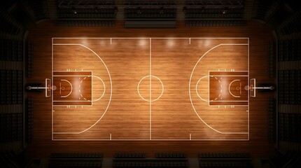 Top view basketball court illuminated with warm arena lights © Manu