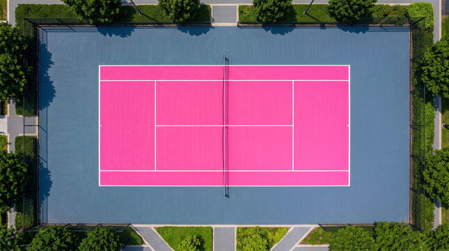 Perfectly Symmetrical Top Down View of a Bright Pink Tennis Court with White Lines 