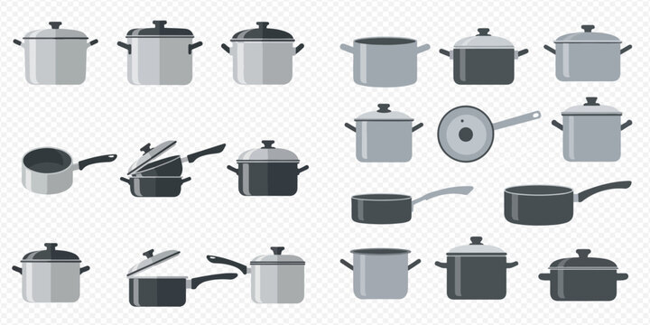Set of kitchen pots and pans in various sizes and styles, cooking utensils collection.