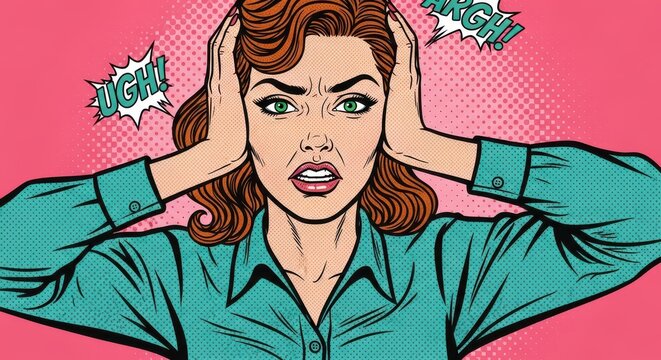 Pop Art Illustration of a Stressed Woman Covering Her Ears with Frustrated Expression and Comic Text Bubbles