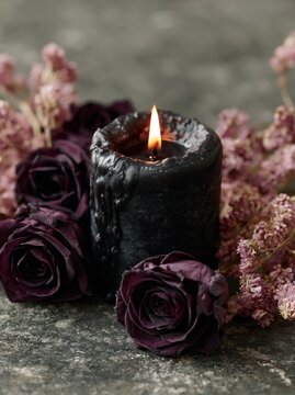 Close up of black pillar candle with melting wax surrounded by dried purple roses and flowers on a textured stone surface, creating a moody and elegant composition