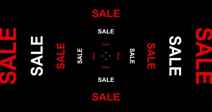 Kinetic typography of the word SALE moving toward the screen, infinite loop of red and white text on a black background, retail marketing motion graphics.