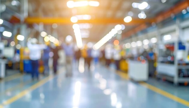 Blurred image of a busy factory floor with workers and machinery.