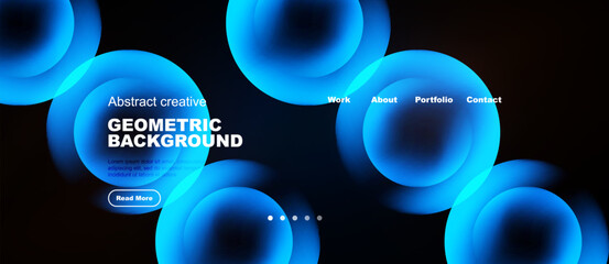 Obraz na płótnie Canvas Abstract blue circles overlap dark background. Website header includes navigation, text, button. Modern design elements present.
