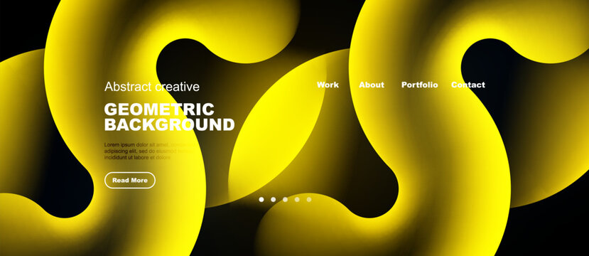 Abstract yellow design. Geometric shapes create dynamic website header. Text elements present information, inviting user interaction.