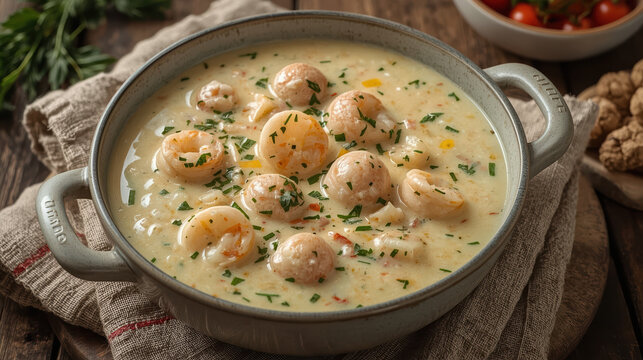 Creamy seafood chowder with shrimp and herbs, comforting coastal meal with rustic presentation