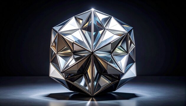 "Symmetrical metallic hyperboloid sculpture with diamond facets, symbolizing mathematics, symmetry, and reflective design."