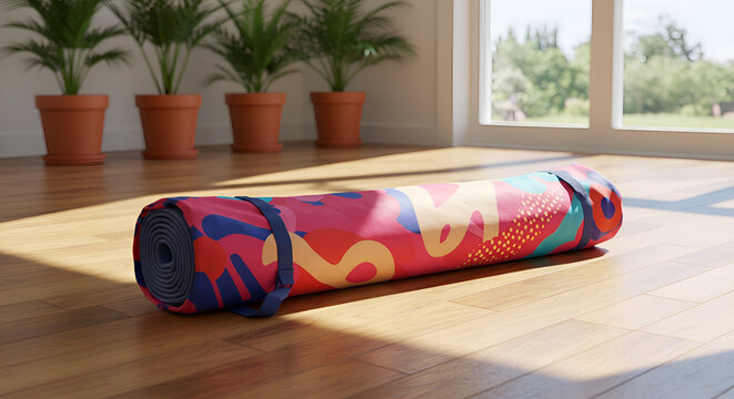 Rolled-up colorful yoga mat resting on light-colored wooden floor in a bright, modern room. Colorful abstract pattern on the mat with carrying straps, in a home setting.