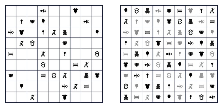 Baby items icon standard Sudoku puzzle template. Unsolved grid and complete solution sheet with nursery symbols. Printable educational brain training logic game for kids