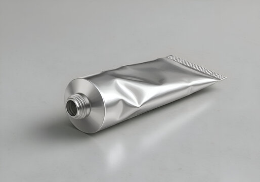 Aluminum tube packaging lying on a light gray surface. Empty, crumpled tube with a screw cap. Generic product packaging. blank template for branding and design mockups.
