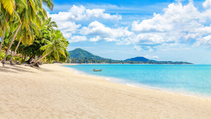 Obraz premium Sea beach landscape, paradise tropical island panorama, turquoise ocean water wave, white sand, green coconut palm tree leaves, hot sunny day, summer holidays, vacation, travel, Koh Samui, Thailand