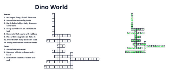 Dinosaur world themed crossword puzzle and solution sheet. Printable educational word game for kids. Prehistoric brain training activity worksheet © Svetlana