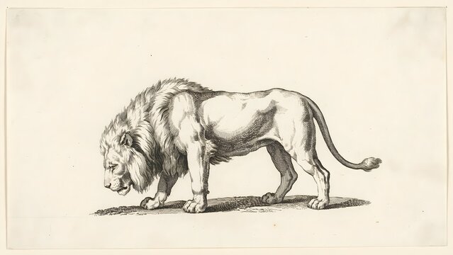 Vintage etching of a lion, a powerful and majestic big cat depicted in a classic artistic style, showcasing detailed fur texture and anatomical precision, historical animal illustration