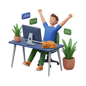 Programmer Celebrating Success with Sleeping Cat and Programming Languages