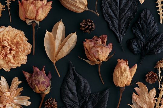 Overhead flat lay of dried autumn botanicals including flowers, leaves, and pine cones arranged on a dark background for seasonal decor and craft projects
