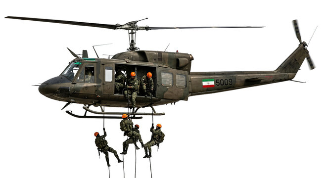 Military helicopter with soldiers rappelling down ropes