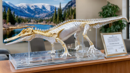 Fototapeta premium Long dinosaur fossil skeleton displayed in clear museum case for educational exhibit background and science banner
