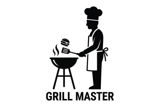 Grill Master chef silhouette vector illustration black shape isolated on white background cooking burger on barbecue grill
