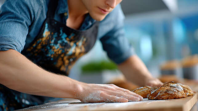Baker shaping crusty bread on floured surface with stained apron detail for artisan bakery prep background and culinary tutorial banner