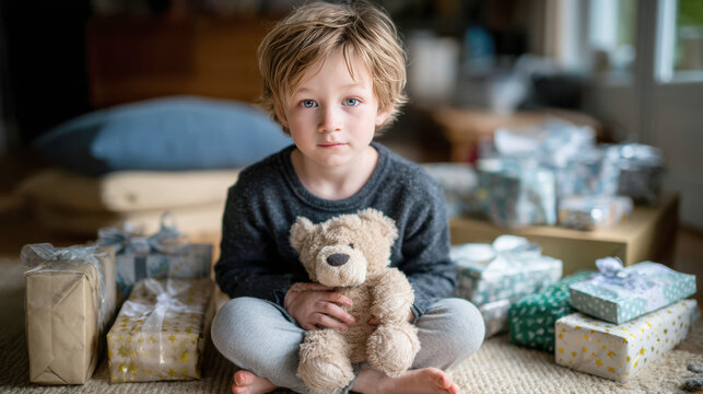 Young child sitting on living room rug holding teddy bear surrounded by wrapped gifts for birthday celebration and family design