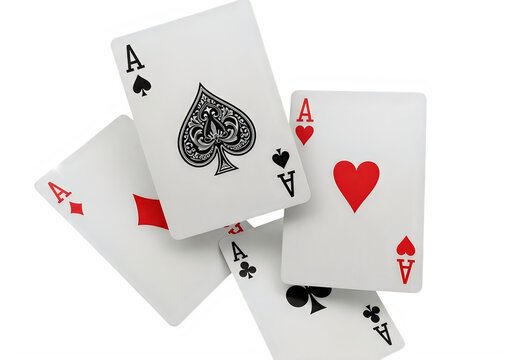 Four playing cards with ace and king visible isolated on transparent background, isolated on white background