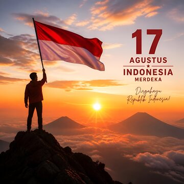 Indonesian Flag Waving on Mountaintop at Sunrise, Independence Day Celebration