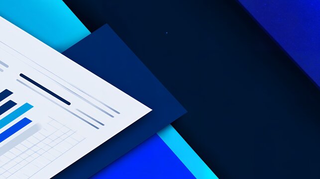 Isometric 3d financial document dashboard concept with bar charts and data graphs on layered blue geometric background.