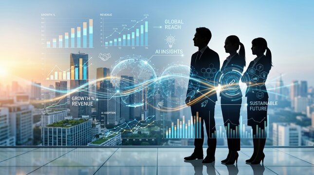 Silhouettes of business team standing against city skyline with augmented reality overlays showing revenue growth charts, global reach maps and AI insights