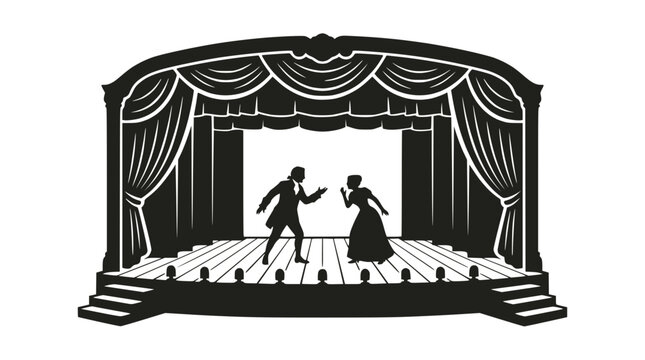 Actors performing on a theater stage line art illustration.