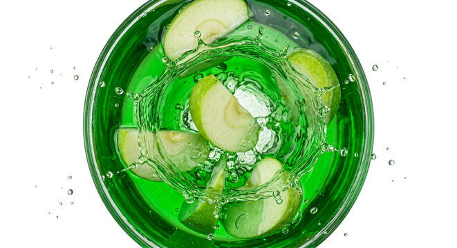 Crisp green apple slices splashing into clear juice isolated on white background