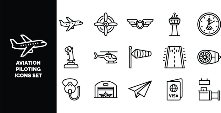 Aviation and piloting set, including airplane, helicopter, control tower, runway, joystick, oxygen mask, hangar, and passport symbols