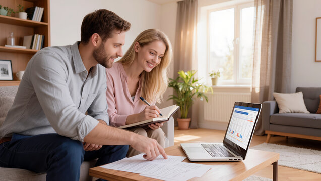 Household budget planning with couple reviewing laptop report for personal finance, mortgage decision, expense tracking and family loan discussion.