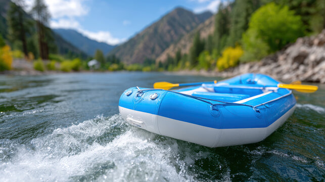 Inflatable raft floating on swift river current with paddle resting onboard against mountainous forested valley backdrop