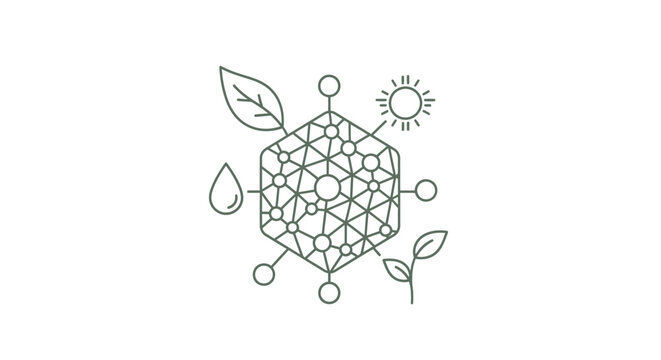 Abstract eco science concept with sun, water, leaves, and molecules