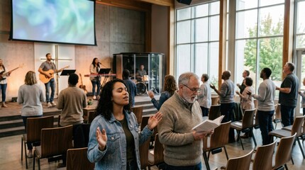 Obraz premium Worship Service with Congregation Engaged in Prayer and Music