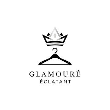 Black and white logo featuring a stylized crown above a clothes hanger, with 'GLAMOUR&Eacute; &Eacute;CLATANT' text below, representing fashion and elegance.