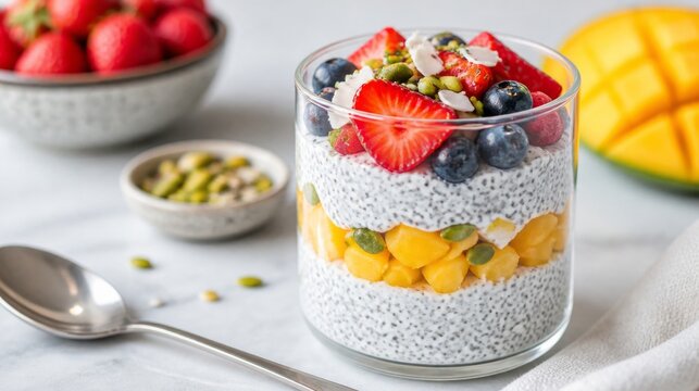 Coconut chia pudding cup layered with mango strawberry and berries in bright glass