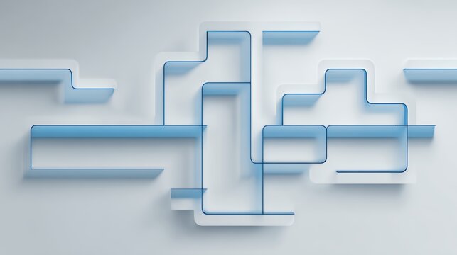 Elegant 3d abstract white geometric background with extruded shapes and thin blue outline representing minimal tech circuits.