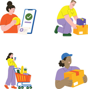 WebFinal ecommerce set featuring digital transactions, package handling operations, grocery purchasing, logistics, parcel transportation, and delivery services. 

