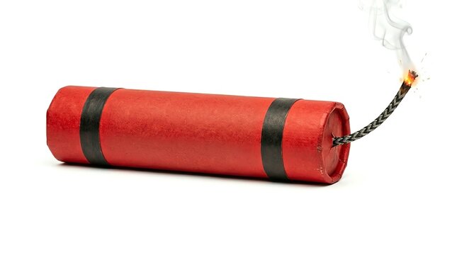 Explosive Dynamite Stick Igniting Fuse with Sparks and Smoke on White Background