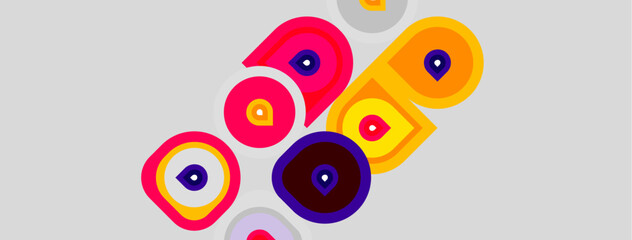 Fototapeta premium Abstract colorful circles overlap, creating dynamic visual pattern. Bright pinks, yellows, purples dominate neutral background. Modern design.