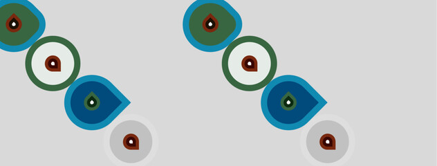 Fototapeta premium Pattern features repeating circular motifs. Teal, olive, maroon colors dominate design. Simple shapes create rhythmic visual texture.