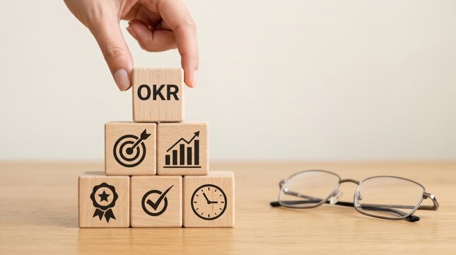 Hand placing OKR block on wooden tower, business strategy planning concept with icons for goals, growth, success, time management, and achievement in corporate environment