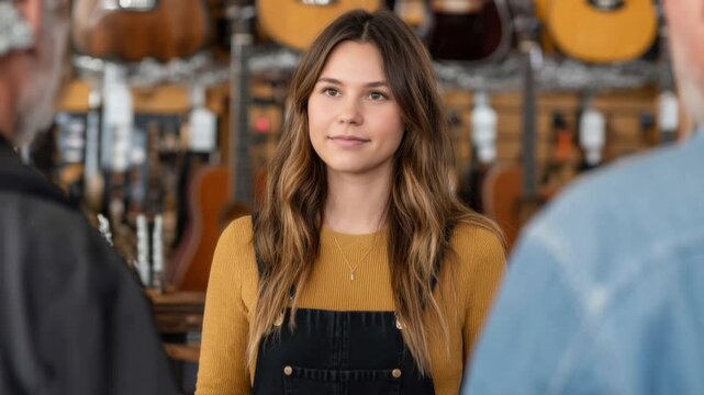 Smiling young woman in casual clothes browsing guitar shop with excitement