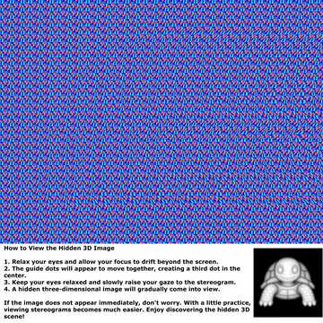 Hidden 3D turtle image with viewing instructions.Colorful autostereogram featuring a hidden 3D turtle revealed through relaxed focus viewing.