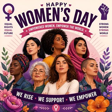 Happy Women's Day Diverse Women Group Empowered Strong Female Unity