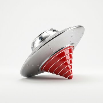 A futuristic silver spaceship lands on a red platform in a white environment.