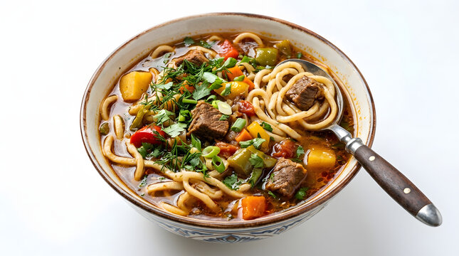 Authentic Uzbek Lagman noodle soup with beef and vegetables in a bowl, isolated on a pure white background