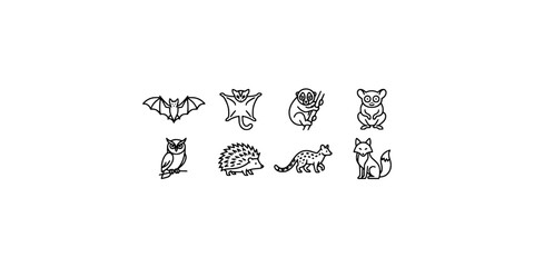 Icon set collection of various wild nocturnal animals and small forest creatures featuring minimalist line art style on white background. © Raka Firdaus 