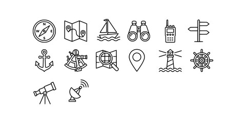 Icon set collection of marine navigation, maritime tools, and nautical equipment designed with simple clean lines for adventure themes. © Raka Firdaus 
